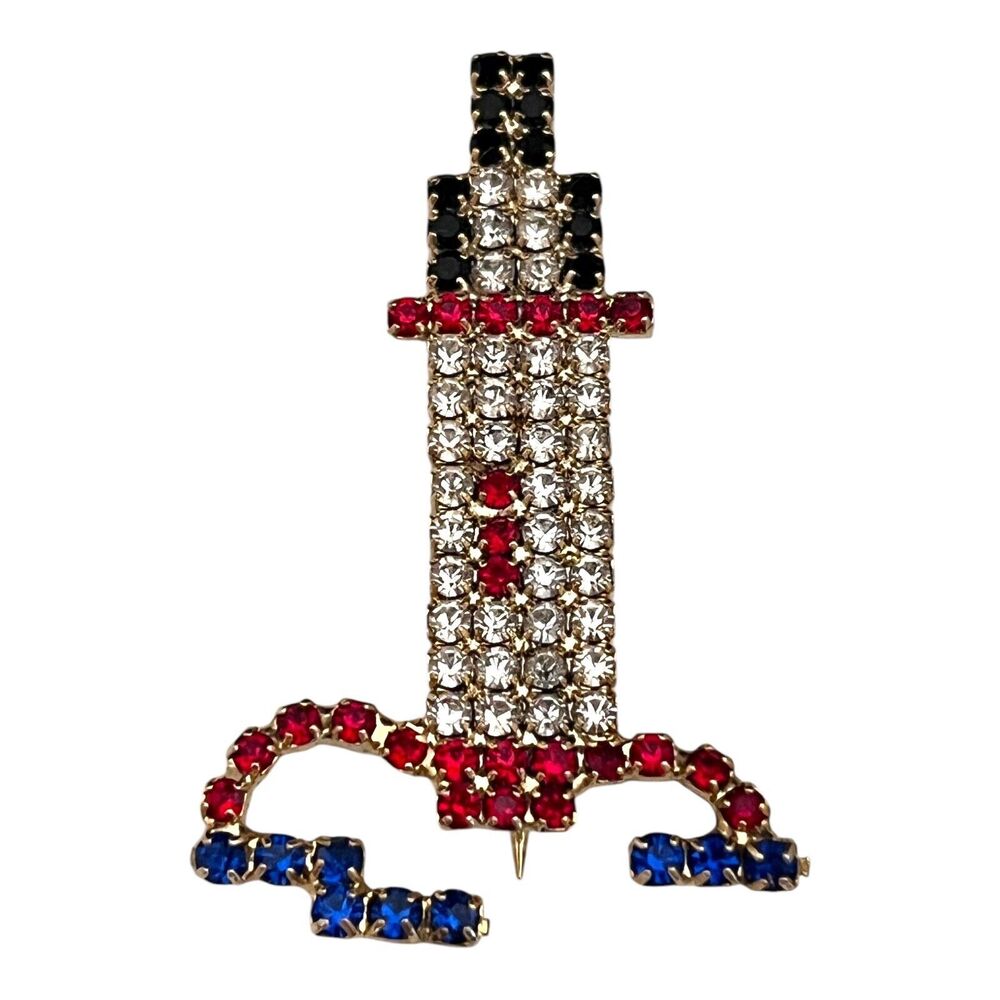 Vintage 1960s Lighthouse Brooch Rhinestone Figural Gold Tone Pin - 11C